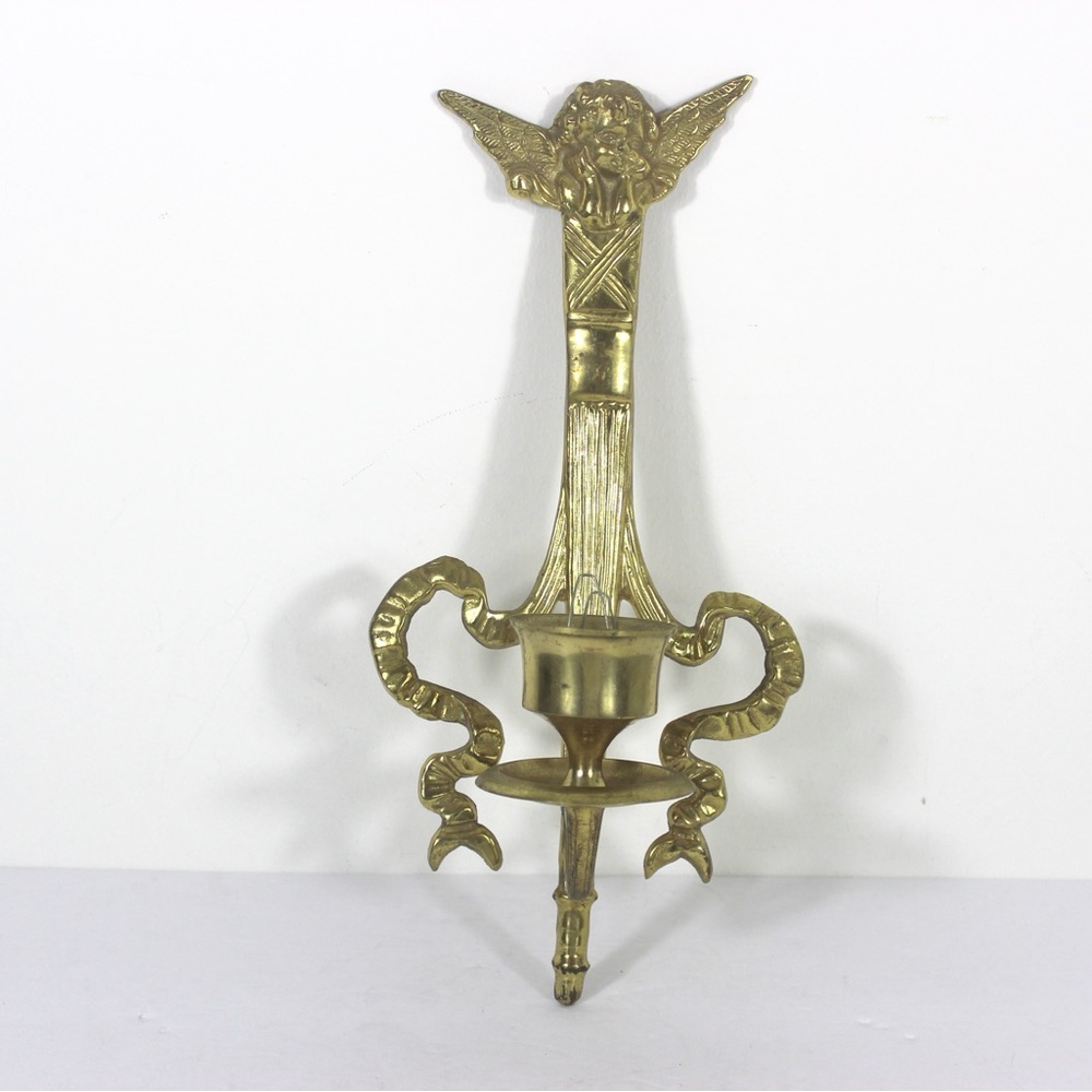 Single Vintage Brass Angel and Ribbon Candle Holders Wall Sconce Cherub